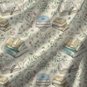 May include: A seamless pattern featuring stacks of books and stylized floral illustrations in shades of green, blue, and brown on a cream background.