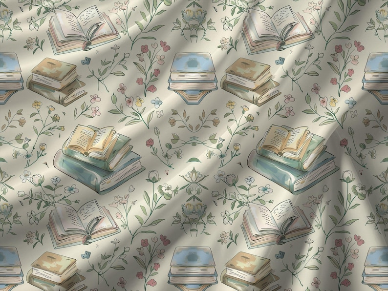 May include: A seamless pattern featuring stacks of books and stylized floral illustrations in shades of green, blue, and brown on a cream background.
