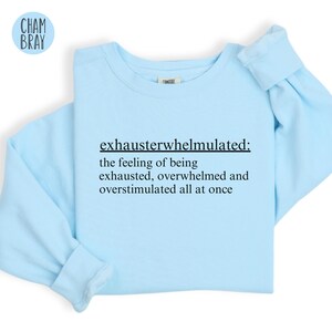 Op de afbeelding: Lichtblauwe trui met de tekst "exhausterwhelmulated: the feeling of being exhausted, overwhelmed and overstimulated all at once" in het zwart gedrukt.