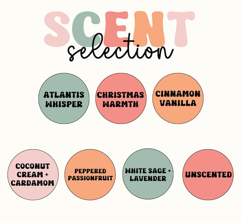 May include: A colorful chart with ten different scent options for candles. The scents are: Atlantis Whisper, Christmas Warmth, Cinnamon Vanilla, Coconut Cream + Cardamom, Peppered Passionfruit, White Sage + Lavender, Unscented.