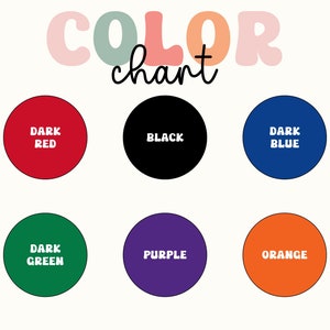 May include: Color chart with six colored circles. The colors are dark red, black, dark blue, dark green, purple, and orange.