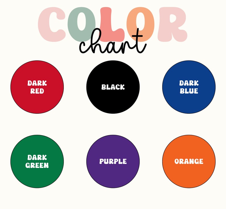 May include: Color chart with six colored circles. The colors are dark red, black, dark blue, dark green, purple, and orange.