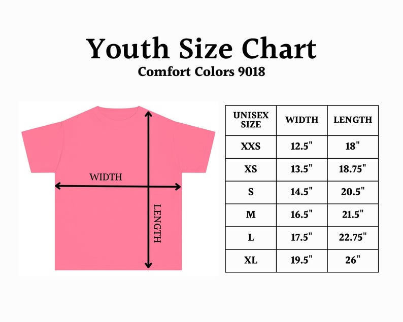 Op de afbeelding: Maattabel voor Comfort Colors 9018 T-shirts voor jongeren. De tabel toont unisex maten van XXS tot XL met de bijbehorende breedte- en lengtemaat in inches.