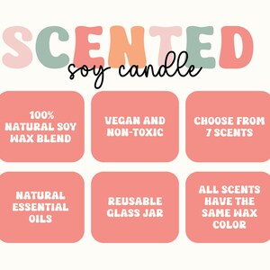 May include: A graphic with the text "SCENTED soy candle" in a colorful font. The graphic lists the features of the soy candles, including 100% natural soy wax blend, vegan and non-toxic, choose from 7 scents, natural essential oils, reusable glass jar, and all scents have the same wax color.