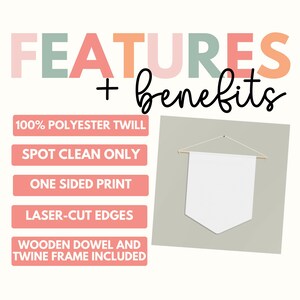 May include: A white banner with a wooden dowel and twine frame. The banner is made of 100% polyester twill and has laser-cut edges. It is spot clean only and has a one-sided print.