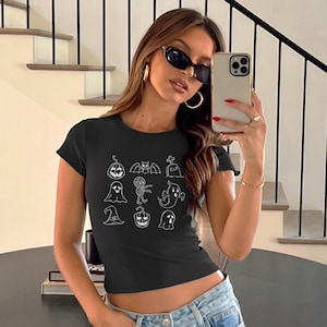 Retro Halloween Baby Tee Shirt, 90s Baby Tee, Y2K Aesthetic 2000s Shirt, Cute Halloween Graphic Shirt, Baby Tee Women, Goth Girl Emo Gift