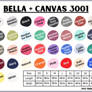 Peut inclure: Nuancier de couleurs pour les t-shirts Bella + Canvas 3001. Le nuancier pr&eacute;sente 36 couleurs diff&eacute;rentes, dont Ash, Athletic Heather, Black, Charity Pink, Dark Grey Heather, Deep Heather, Heather Clay, Heather Dust, Heather Forest, Heather Green, Heather Ice Blue, Heather Kelly, Heather Maroon, Heather Mauve, Heather Mint, Heather Navy, Heather Olive, Heather Peach, Heather Raspberry, Heather Red, Heather Team Purple, Heather True Royal, Light Blue, Kelly, Maroon, Navy, Natural, Orange, Pink, Red, Soft Cream, True Royal, White, Yellow. Le nuancier comprend &eacute;galement un tableau des tailles avec des mesures en pouces pour XS, S, M, L, XL, 2X, 3X et 4X.
