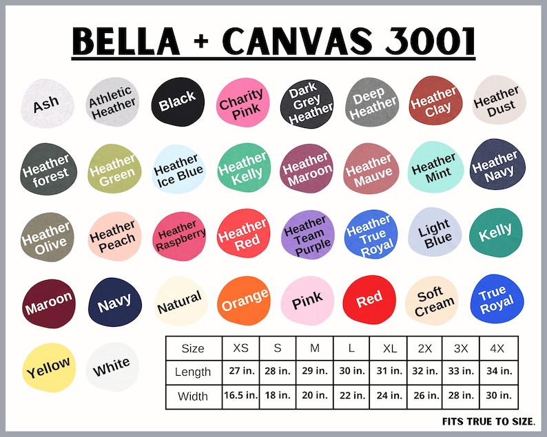 Peut inclure: Nuancier de couleurs pour les t-shirts Bella + Canvas 3001. Le nuancier pr&eacute;sente 36 couleurs diff&eacute;rentes, dont Ash, Athletic Heather, Black, Charity Pink, Dark Grey Heather, Deep Heather, Heather Clay, Heather Dust, Heather Forest, Heather Green, Heather Ice Blue, Heather Kelly, Heather Maroon, Heather Mauve, Heather Mint, Heather Navy, Heather Olive, Heather Peach, Heather Raspberry, Heather Red, Heather Team Purple, Heather True Royal, Light Blue, Kelly, Maroon, Navy, Natural, Orange, Pink, Red, Soft Cream, True Royal, White, Yellow. Le nuancier comprend &eacute;galement un tableau des tailles avec des mesures en pouces pour XS, S, M, L, XL, 2X, 3X et 4X.