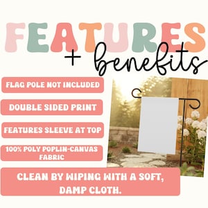 May include: A white garden flag with a black metal stand. The flag is double-sided and has a sleeve at the top for easy hanging. The flag is made of 100% poly poplin-canvas fabric and can be cleaned by wiping with a soft, damp cloth.  Flag pole not included.