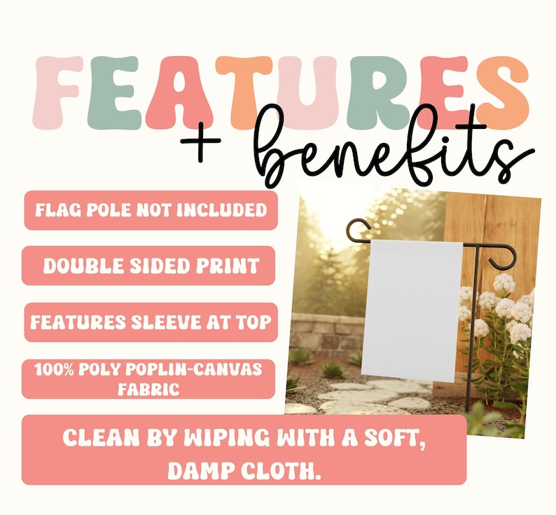 May include: A white garden flag with a black metal stand. The flag is double-sided and has a sleeve at the top for easy hanging. The flag is made of 100% poly poplin-canvas fabric and can be cleaned by wiping with a soft, damp cloth.  Flag pole not included.