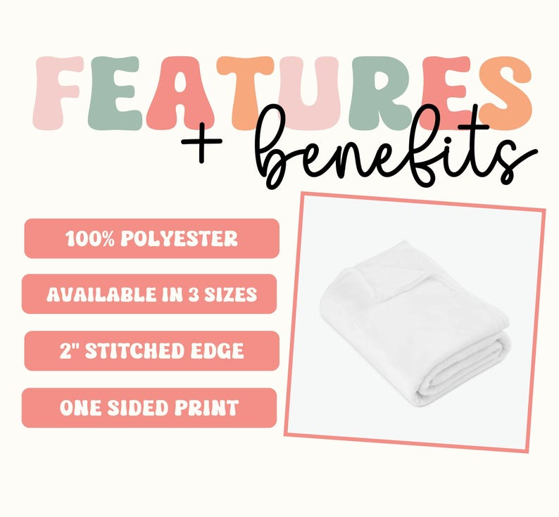 May include: White fleece blanket with a 2-inch stitched edge. Features include 100% polyester, available in 3 sizes, and one-sided print.