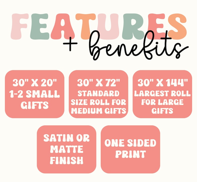 May include: Pink and green text reads "FEATURES + benefits". Three pink boxes show different sizes of wrapping paper rolls: 30" x 20" for 1-2 small gifts, 30" x 72" for medium gifts, and 30" x 144" for large gifts. Two pink boxes below show the paper options: satin or matte finish and one-sided print.