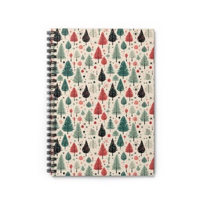 May include: Spiral-bound notebook featuring a repeating pattern of stylized Christmas trees in shades of red, green, and black on a cream-colored background. The trees vary in shape and size, creating a festive and whimsical design. The notebook's spiral binding is black.