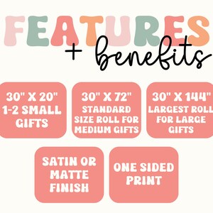 May include: A graphic with the words "FEATURES + benefits" in a retro font. It highlights gift wrap sizes: 30" x 20", 30" x 72", and 30" x 144". Additional features include satin or matte finish and one-sided print.