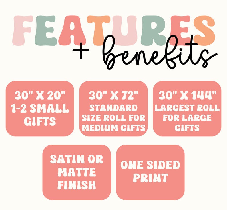 May include: A graphic with the words "FEATURES + benefits" in a retro font. It highlights gift wrap sizes: 30" x 20", 30" x 72", and 30" x 144". Additional features include satin or matte finish and one-sided print.