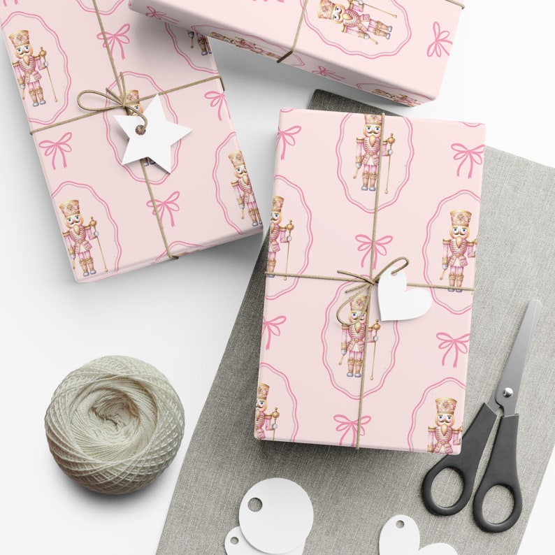 Christmas Nutcracker Gift Wrap, Pink Christmas Wrapping Paper, Coquette Gift Wrap, Cute Winter Wrapping Paper, Bow Christmas Holiday Gift image 1