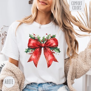 Christmas Bow Shirt, Christmas Comfort Colors Shirt, Coquette Christmas Tshirt Women, Preppy Christmas Tee Shirt, Holiday Shirts for Women