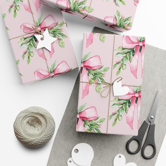 Pink Christmas Bow Gift Wrap, Coquette Christmas Wrapping Paper, Preppy Gift Wrap, Winter Wrapping Paper, Cute Wrapping Paper, Holiday Gift