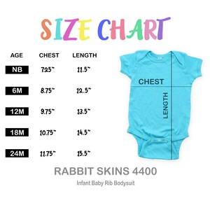 May include: Size chart for infant baby rib bodysuits, showing chest and length measurements in inches for sizes NB, 6M, 12M, 18M, and 24M. The chart is labeled "Rabbit Skins 4400 Infant Baby Rib Bodysuit".