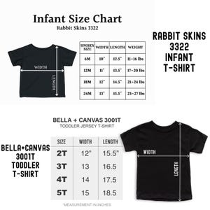 May include: Size chart for infant and toddler t-shirts. The chart shows unisex sizes, width, length, and weight in inches and pounds. The chart also includes the brand names Rabbit Skins 3322 and Bella + Canvas 3001T.