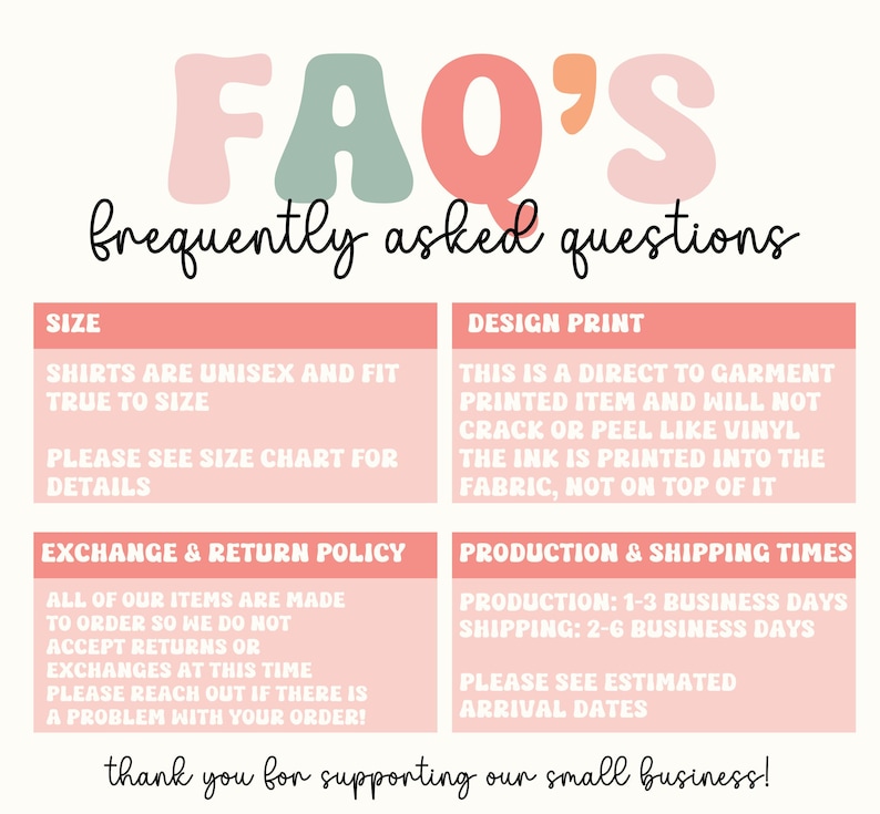 May include: Pink and green graphic with the text "FAQ'S" and "frequently asked questions".  Four pink boxes with white text contain information about size, design print, exchange and return policy, and production and shipping times.