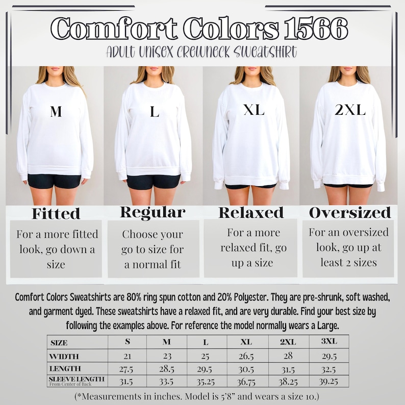 Op de afbeelding: Een maattabel voor Comfort Colors 1566 unisex crewneck sweatshirts voor volwassenen. De tabel toont de verschillende maten en hoe ze passen, met beschrijvingen voor een aansluitende, normale, ontspannen en oversized pasvorm. De tabel bevat ook de afmetingen voor breedte, lengte en mouwlengte in inches.