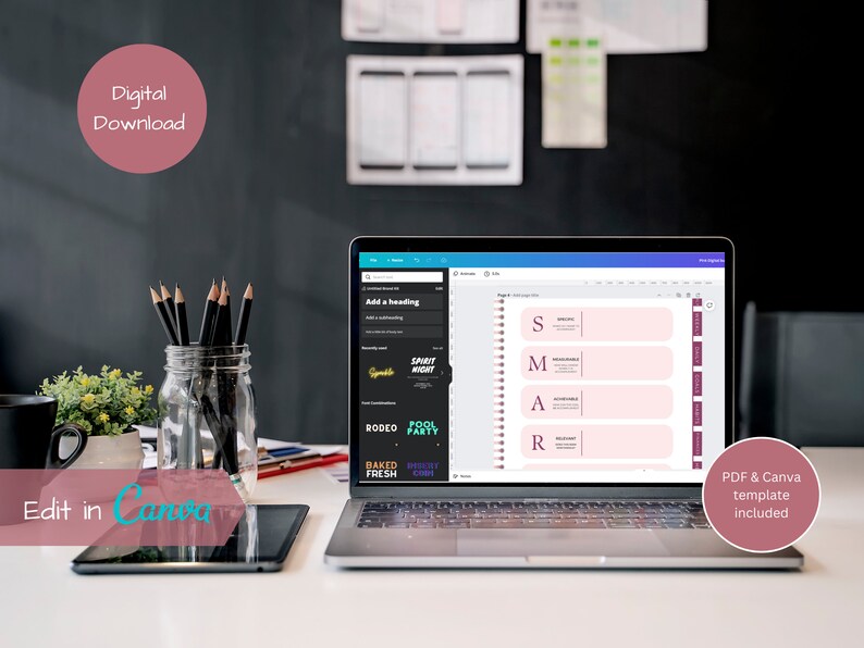 May include: A digital download of a printable planner template with the acronym "SMART" written in pink on a pink background. The template is designed to be edited in Canva and includes a PDF version. The image shows a laptop screen displaying the template, with a jar of pencils and a tablet on a white desk.