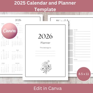 Puede incluir: Plantilla de planificador 2026 con calendario y páginas semanales. El planificador incluye una portada con el texto "2026 Planner" e ilustraciones florales. El tamaño es de 21,59 x 27,94 cm. Editable en Canva.