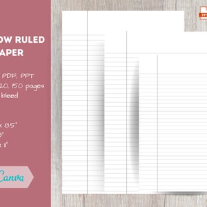 Könnte beinhalten: Drei verschiedene Größen von eng liniertem Papier mit Linien zum Schreiben. Das Papier ist weiß und hat ein dezentes graues Linienmuster. Das Papier ist in den Formaten PSD, PDF und PPT verfügbar. Das Papier ist 5,5 x 8,5 Zoll, 6 x 9 Zoll und 8,5 x 11 Zoll groß. Das Papier ist in 100, 120 und 150 Seiten erhältlich. Das Papier hat einen Beschnitt.