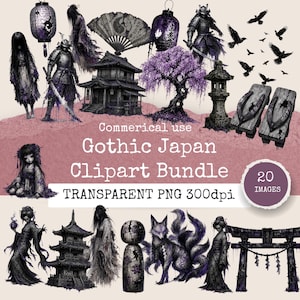May include: A digital collection of 20 transparent PNG images featuring dark, purple-toned illustrations of Japanese cultural elements including samurai, geisha, pagodas, a fox, lanterns, a torii gate, and wooden sandals with text reading Gothic Japan Clipart Bundle.