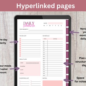 May include: A pink and white daily planner with a tabbed section for yearly, monthly, weekly, and daily goals. The planner includes sections for to-do lists, a schedule, meal planning, and a shopping list. The planner has a pink and white color scheme and a modern design.