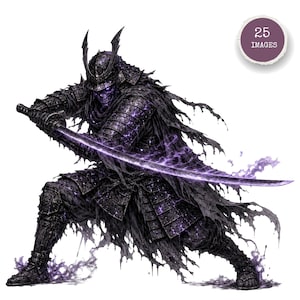 Può includere: Un oscuro guerriero samurai in armatura nera con crepe viola luminose e volto a teschio, che impugna una lunga katana con lama viola brillante. Un mantello logoro fluttua dietro la figura e un badge circolare riporta 25 IMAGES.