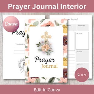 May include: A printable prayer journal interior page with a floral design and a gold cross. The page includes sections for the sermon topic, key verses, key points, and application. The text "Prayer Journal" is printed in black at the bottom of the page. The page is designed to be printed on 6x9 inch paper.