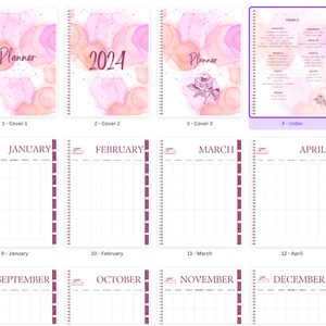 May include: A pink and orange watercolor planner with a floral design. The planner has a yearly, monthly, and weekly layout. The cover says "Planner" and "2024".