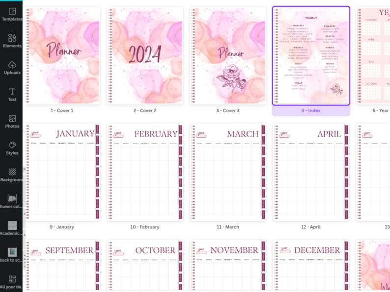 May include: A pink and orange watercolor planner with a floral design. The planner has a yearly, monthly, and weekly layout. The cover says "Planner" and "2024".