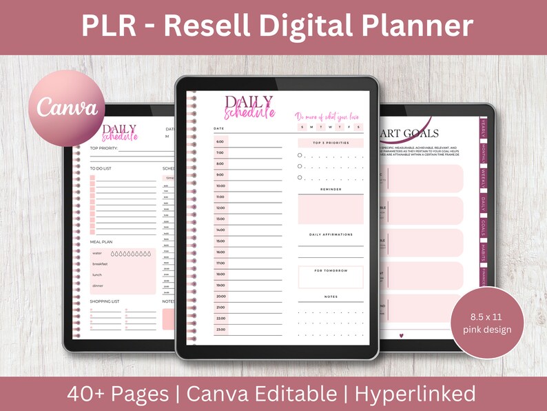 May include: A digital planner with pink and white design featuring a daily schedule, to-do list, meal plan, shopping list, and smart goals. The planner is 8.5 inches by 11 inches and is Canva editable and hyperlinked.