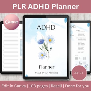 PLR Adhd Planner - Resell, Commercial planner, ADHD Editable Canva Planner, Digital Planner Template, Plr Mental Health, Done for you