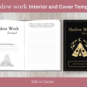 May include: A black and gold journal cover with the text "Shadow Work Journal" and a gold moth illustration. The text "Heal Your Inner Child" is below the moth. The inside pages of the journal are blank with lines for writing.