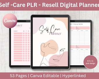 PLR Self-Care Digital Planner Template: Canva Editable, Pink Design, Resell, (Digital Download)