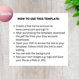 May include: A white background with a pink Canva logo and black text explaining how to use a template. The text includes instructions to create a free Canva account, download a PDF file, and edit the background and images.