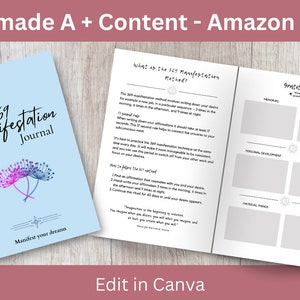 Puede incluir: Una portada de diario azul y blanca con el texto "369 Manifestation Journal" y las palabras "Manifest your dreams". Las páginas interiores del diario se muestran con una sección titulada "What is the 369 Manifestation Method?" y un registro de gratitud con secciones para recuerdos, personas a mi alrededor, desarrollo personal, lugares favoritos, cosas materiales y otras.