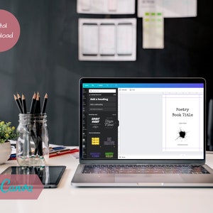 May include: A laptop computer screen displaying a Canva design template for a poetry book cover. The template features a black ink splatter design and the text "Poetry Book Title". The text "Edit in Canva" is visible below the laptop.