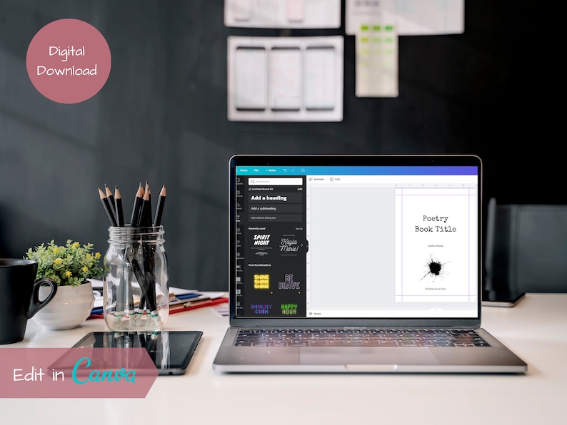 May include: A laptop computer screen displaying a Canva design template for a poetry book cover. The template features a black ink splatter design and the text "Poetry Book Title". The text "Edit in Canva" is visible below the laptop.