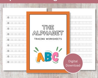 Puede incluir: Un paquete de hojas de trabajo de trazado del alfabeto imprimibles con 54 páginas. La portada presenta una ilustración colorida de las letras A, B y C con el texto "The Alphabet Tracing Worksheets" y "Descarga digital".