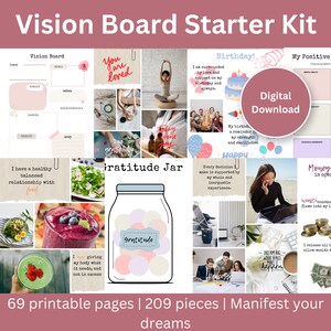 Kit de inicio de tablero de visión imprimible: 69 páginas imprimibles, palabras y fotografías inspiradoras, afirmaciones, kit de inicio de tablero de visión