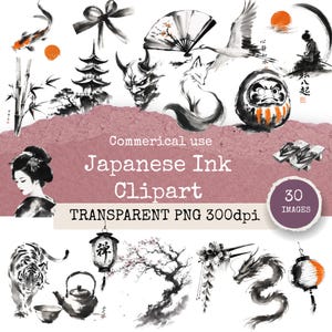 May include: A collection of Japanese ink style illustrations featuring a koi fish, pagoda, oni mask, fox, crane, daruma doll, geisha, tiger, dragon, cherry blossom tree, lanterns, and tea set with the text Commercial use Japanese Ink Clipart 30 IMAGES.