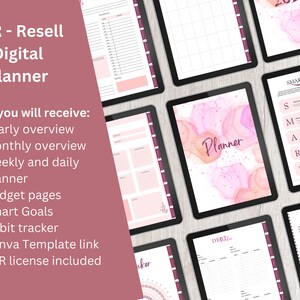 May include: A digital planner with pink and orange watercolor designs. The planner includes yearly, monthly, weekly, and daily pages, budget pages, smart goals, a habit tracker, and a Canva template link. The text "PLR - Resell Digital Planner" is at the top of the image.