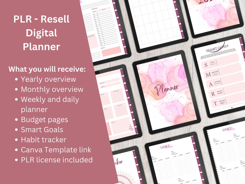 May include: A digital planner with pink and orange watercolor designs. The planner includes yearly, monthly, weekly, and daily pages, budget pages, smart goals, a habit tracker, and a Canva template link. The text "PLR - Resell Digital Planner" is at the top of the image.