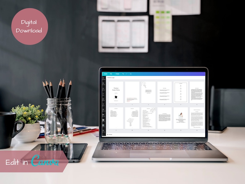 May include: A laptop computer displaying a digital document with text and images. The document is divided into sections with headings and subheadings. The laptop is on a desk with a glass jar of pencils, a plant, and a coffee mug.