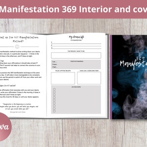 May include: A gray and white journal with the title "369 Manifestation Journal" on the cover. The cover has a blue and pink smoke design. The inside pages have a gray background with black text and lines for writing.